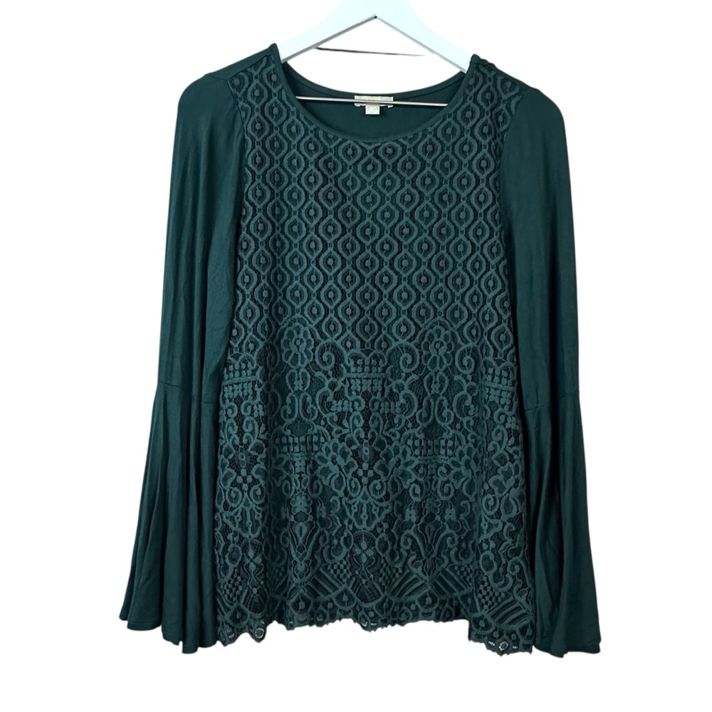 Pointelle Forest Green Lace Lined Blouse Women Sz M